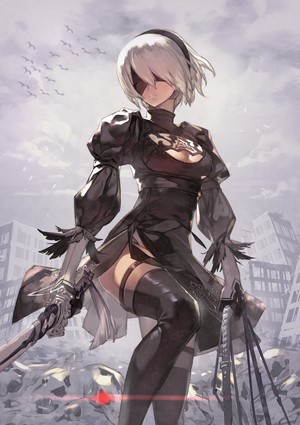 2B from Nier: Automata Holding Twin Swords