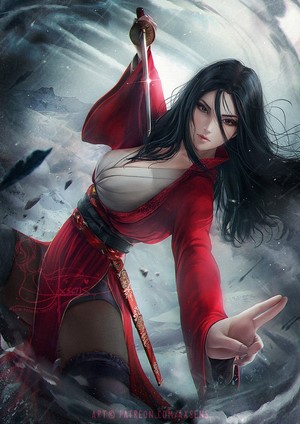 Woman in red robes with a sword