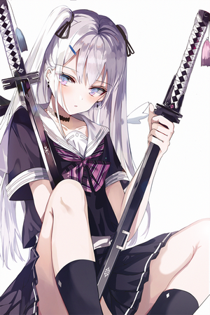Anime girl with silver hair and swords