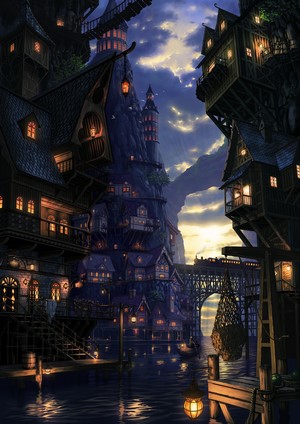 Fantasy canal city with tall buildings and mountains