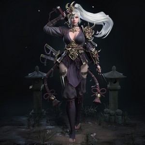 Woman ninja with silver hair and armor holding weapons