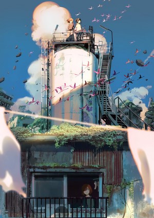 Anime scene with two girls on a tower and flamingos