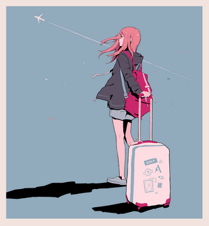 Anime girl with pink hair and suitcase looking at airplane