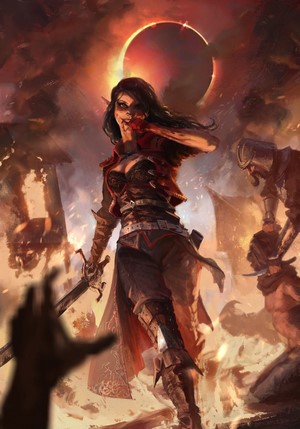 Dark fantasy elf woman with sword during eclipse