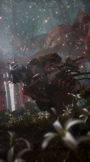 Samurai warrior in a mystical forest with flowers
