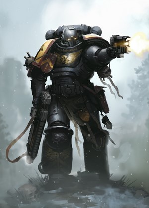 Space Marine from Warhammer 40,000 firing a pistol