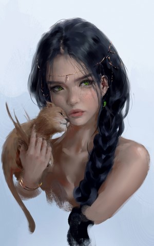 Artwork of a woman with braided hair holding a kitten