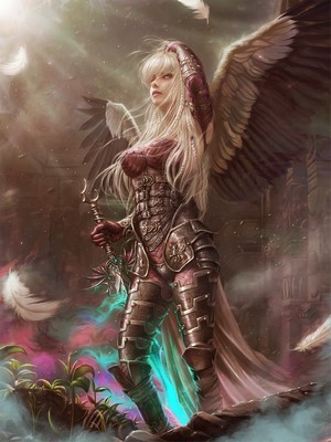 Woman with wings and armor holding a sword