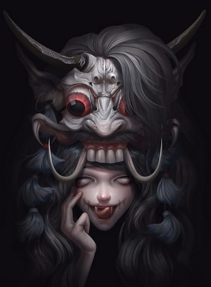 Creepy woman with a demon mask