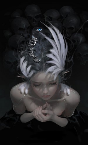 Fantasy girl with white feathers and skulls