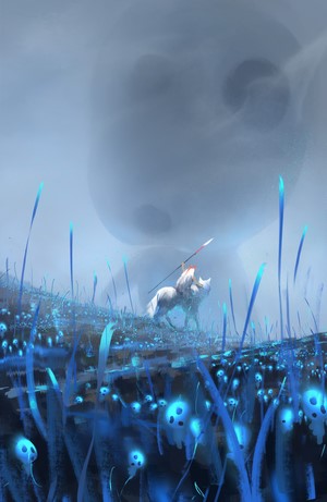 Anime girl riding a wolf with giant figures in the background
