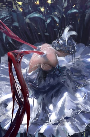 Woman in a dark dress with red tendrils