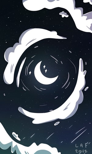 Crescent moon and stars in a swirling night sky with clouds