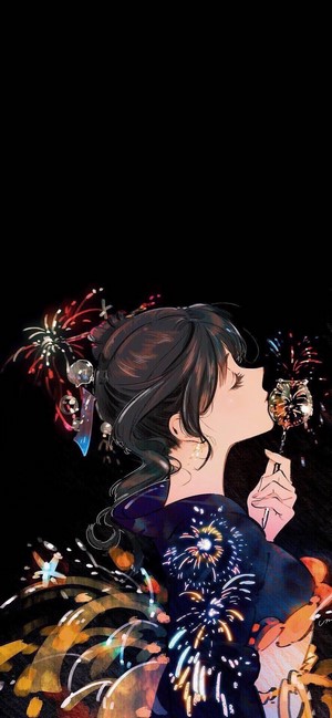 Anime girl in kimono with fireworks
