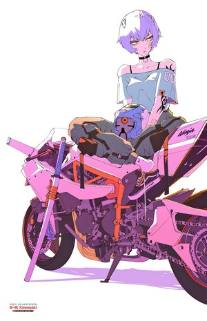 Ayanami Rei from Neon Genesis Evangelion with a motorcycle