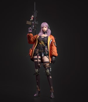 Anime girl with purple hair holding a rifle