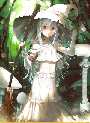 Anime witch with white hair and red eyes in a forest