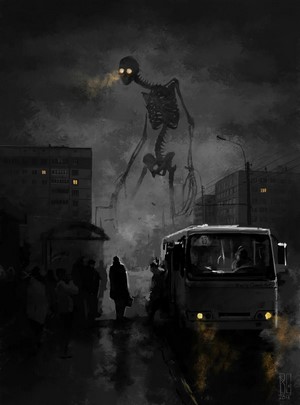 Giant Skeleton Creature in Dark Cityscape