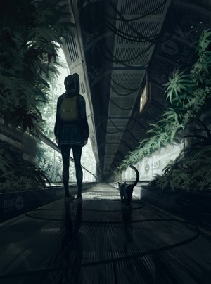 Anime girl with backpack and black cat in greenhouse