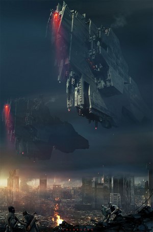 Spaceships hovering over a destroyed city