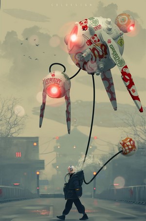 Futuristic robots and a person in a gas mask