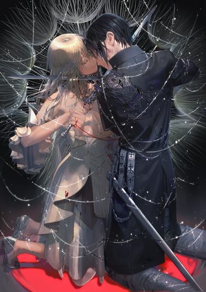 Couple kissing with swords and dandelions