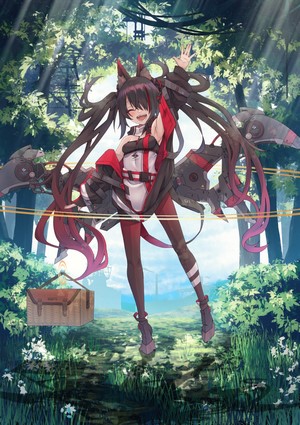 Anime girl with animal ears and twintails in a forest