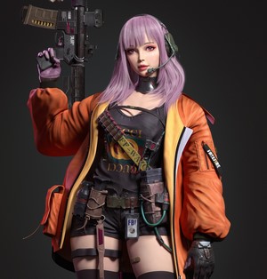 Woman with pink hair holding an assault rifle