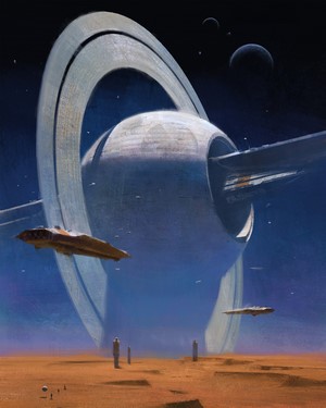 Spaceships near a ringed planet and futuristic city