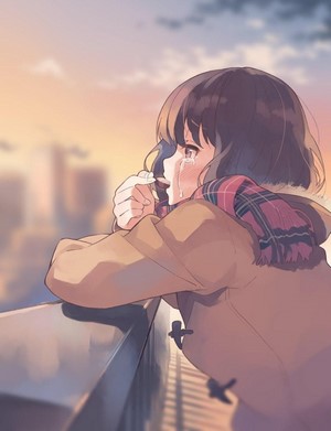 Anime Girl Crying on City Balcony