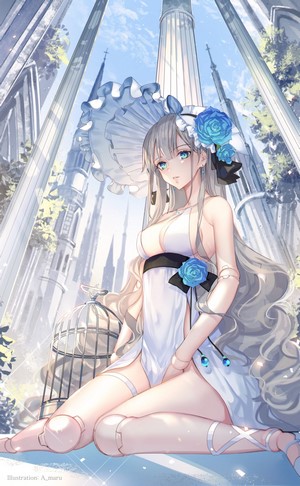 Anime girl with silver hair and blue eyes kneeling
