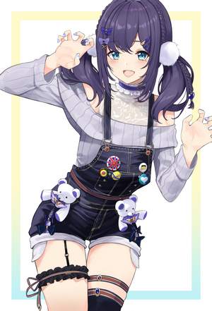 Anime girl with purple pigtails and denim overalls