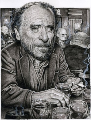 Charles Bukowski in a bar with drinks and cigarette