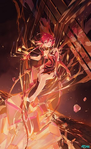 Redhead anime girl with red eyes in a dress