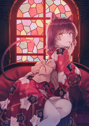 Cat girl in kimono with black cat