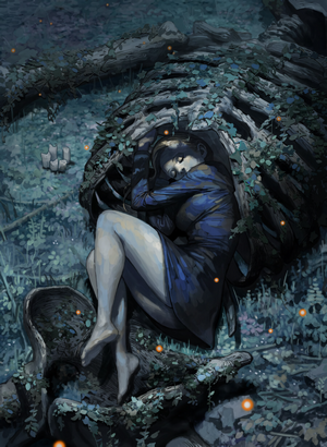 Woman sleeping inside a large skeleton in a forest