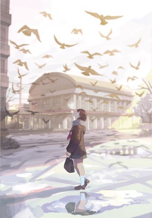 Anime girl in school uniform looking at birds