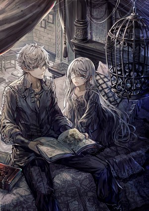 Anime couple reading a book in a gothic room