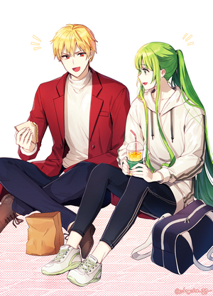 Gilgamesh and Enkidu from Fate/Grand Order having a picnic