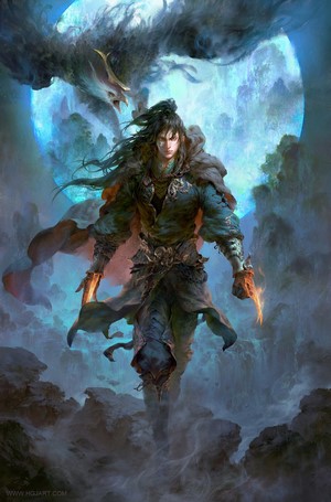 Warrior with glowing blades and eagle against moon