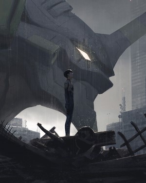 Shinji Ikari and EVA Unit 01 in Neon Genesis Evangelion fan art