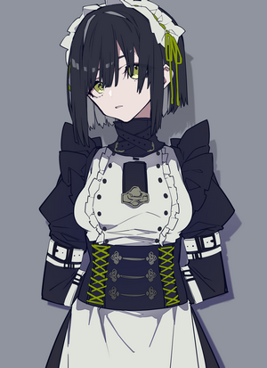 Maid outfit anime girl with dark hair and green eyes