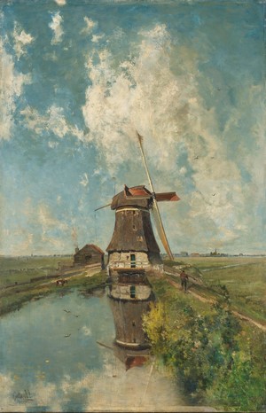 Painting of a Dutch windmill reflected in water