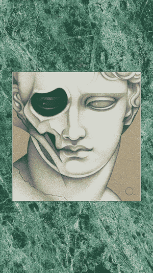 Statue with skull face on marble background