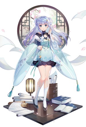 Anime girl with blue hair and dress holding a book