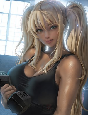 Hibiki Sakura in Black Tank Top with Dumbbell