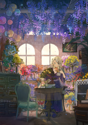 Anime girl tending to plants in a flower shop