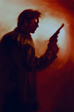 Man holding a revolver, artwork