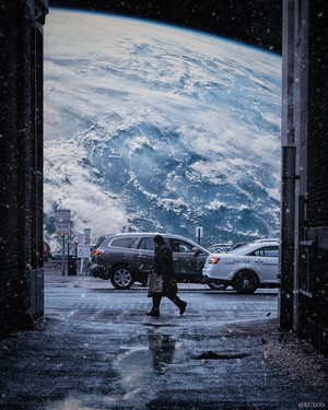 Person crossing street with Earth in sky