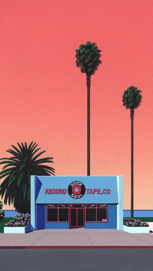 Retro record store with palm trees and sunset